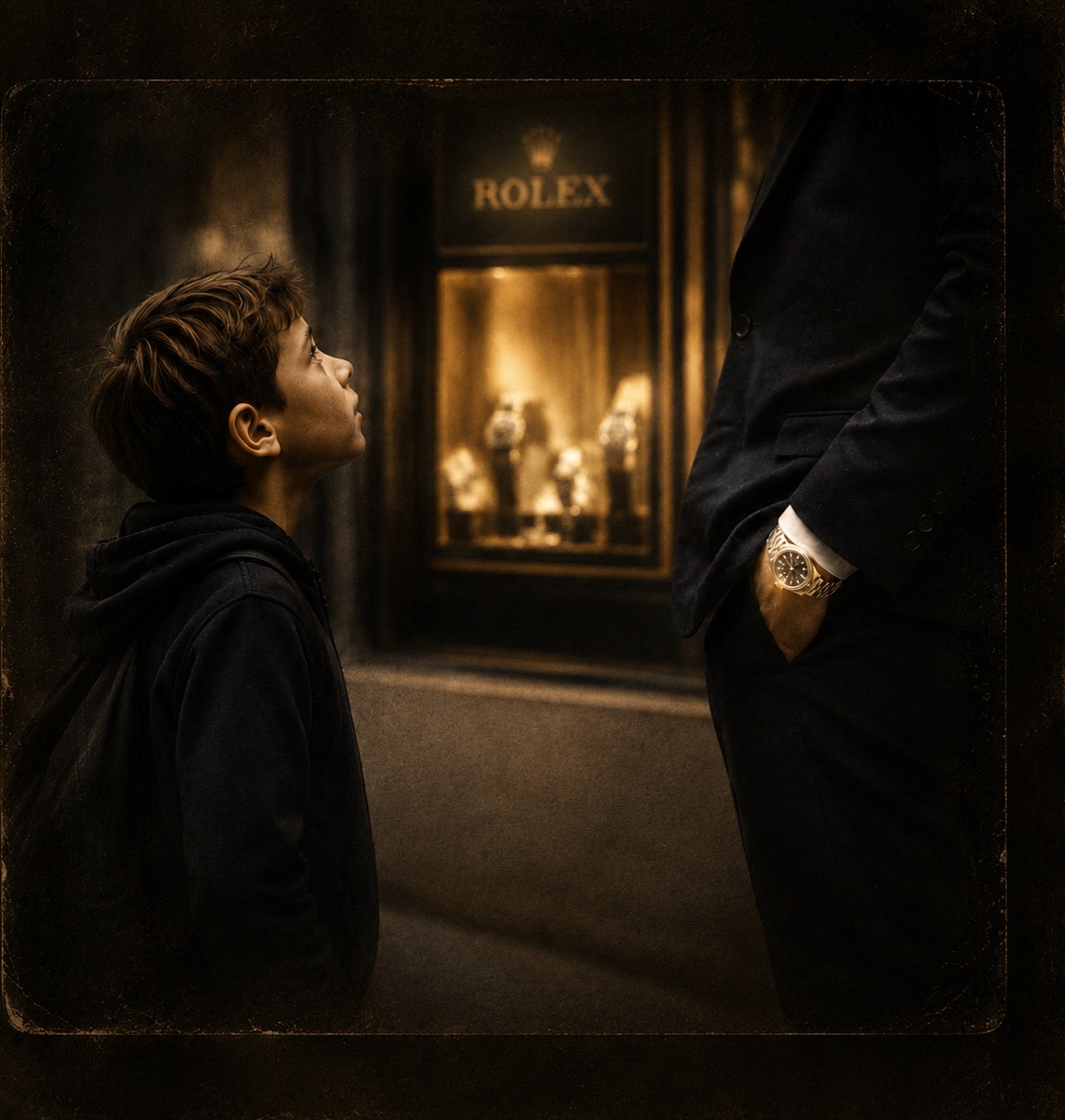Un enfant lève les yeux vers la Rolex au poignet d'un homme, devant une boutique Rolex